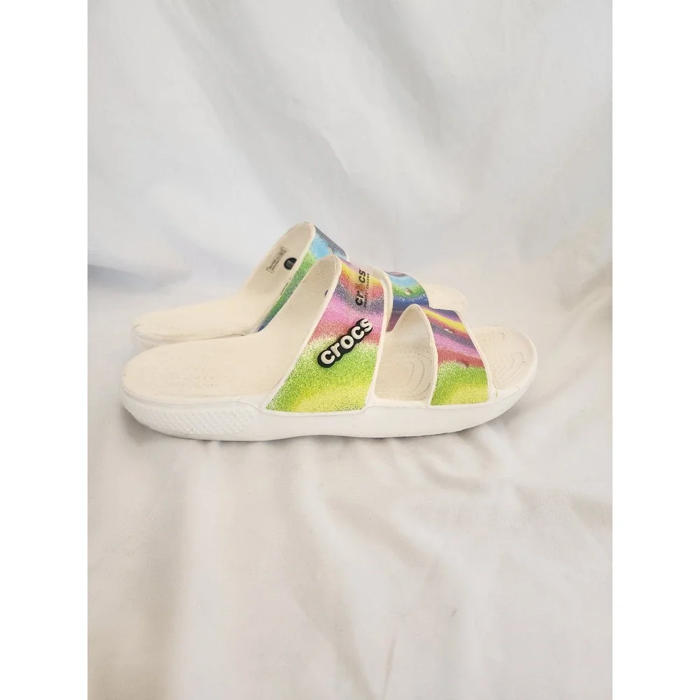 Crocs Classic Sandal Rainbow Glitter Slides Womens 10 Mens 8 White Multi Color - Picture 5 of 9